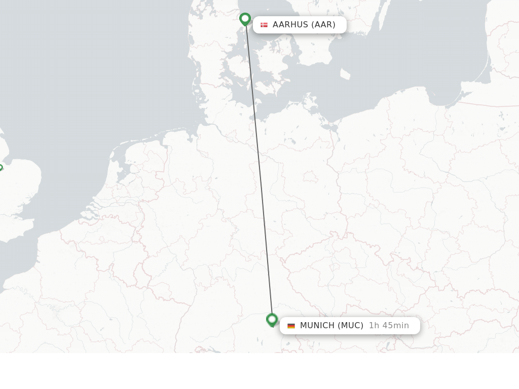 Flights from Munich to Aarhus route map