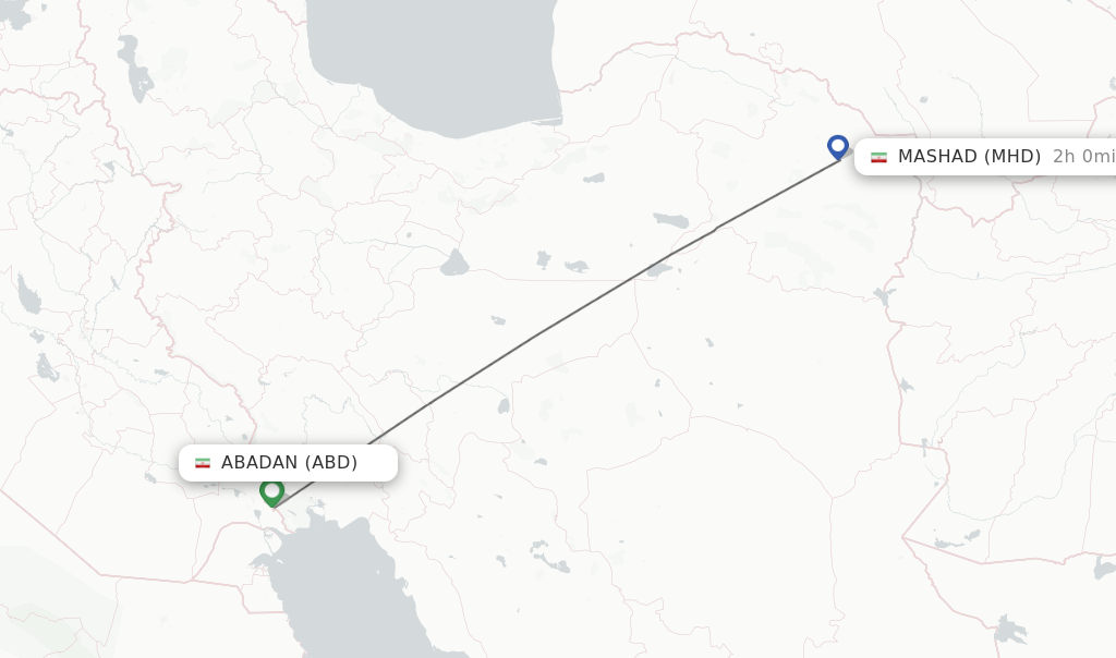 Flights from Abadan to Mashad route map