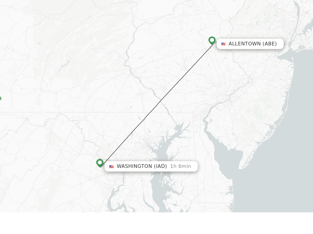 Flights from Allentown to Dulles route map