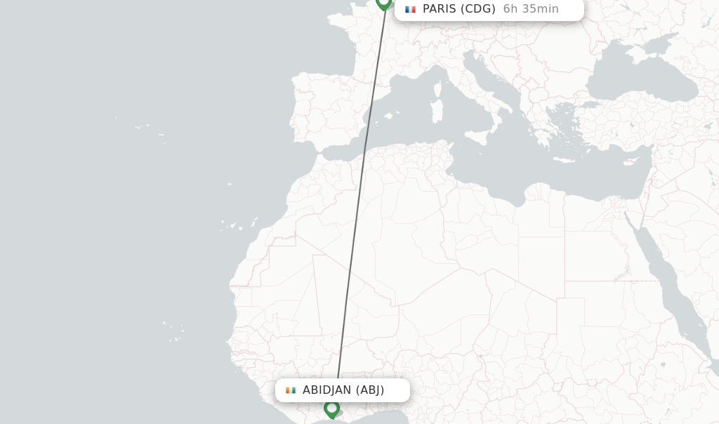 Flights from Abidjan to Paris route map