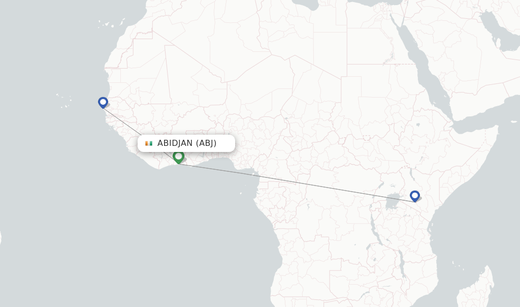 Route map with flights from Abidjan with Kenya Airways