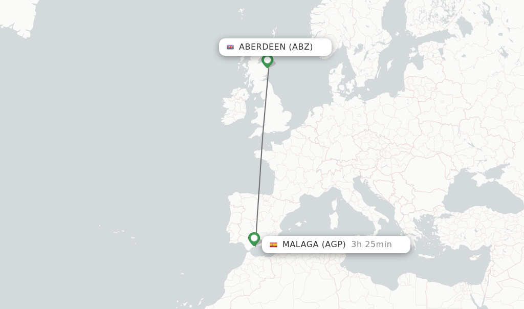 Flights from Aberdeen to Malaga route map