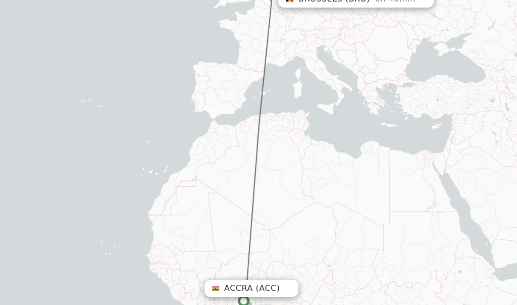 Flights from Accra to Brussels route map
