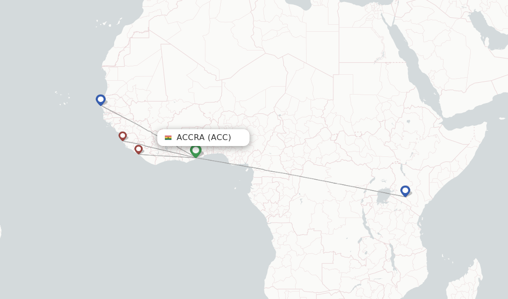 Route map with flights from Accra with Kenya Airways
