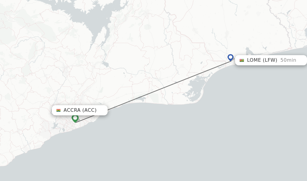 Flights from Accra to Lome route map