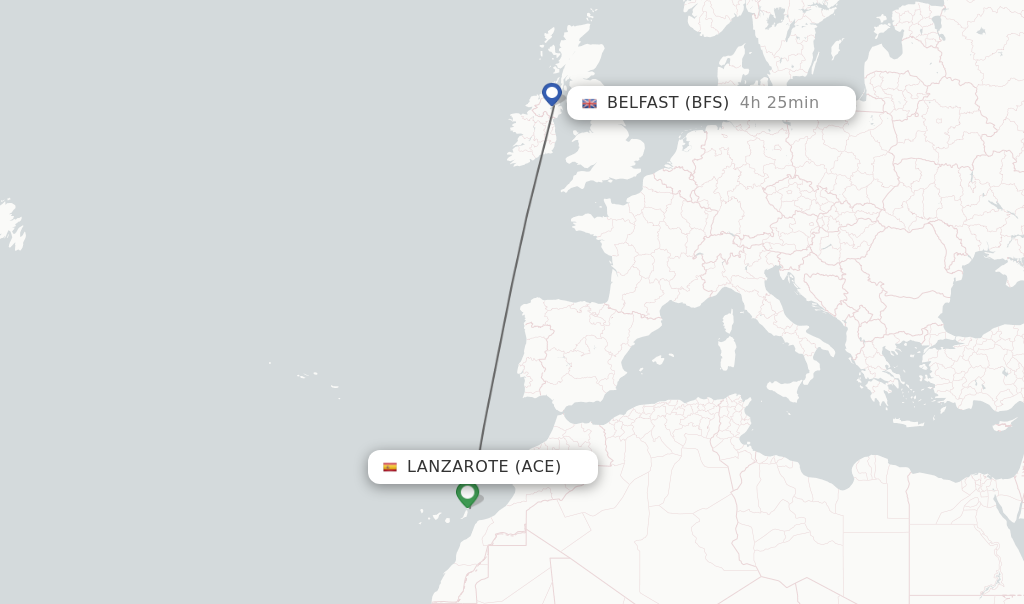 Flights from Lanzarote to Belfast route map