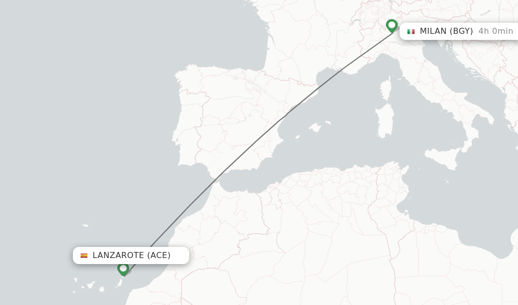 Flights from Lanzarote to Milan route map