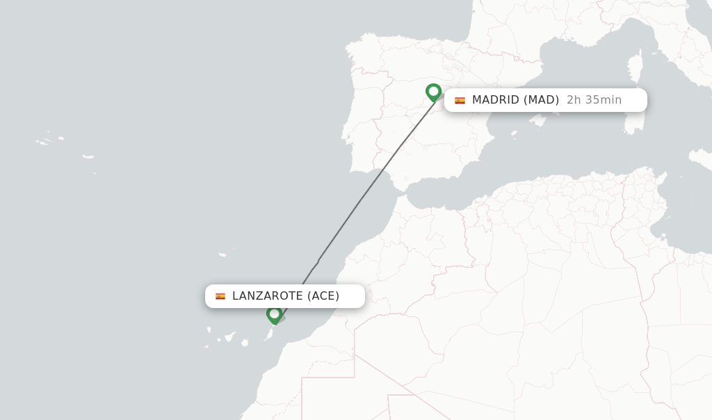 Flights from Lanzarote to Madrid route map