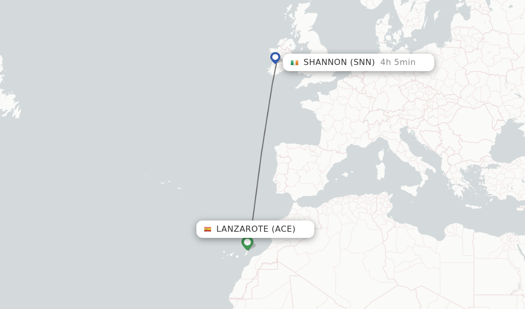 Flights from Lanzarote to Shannon route map