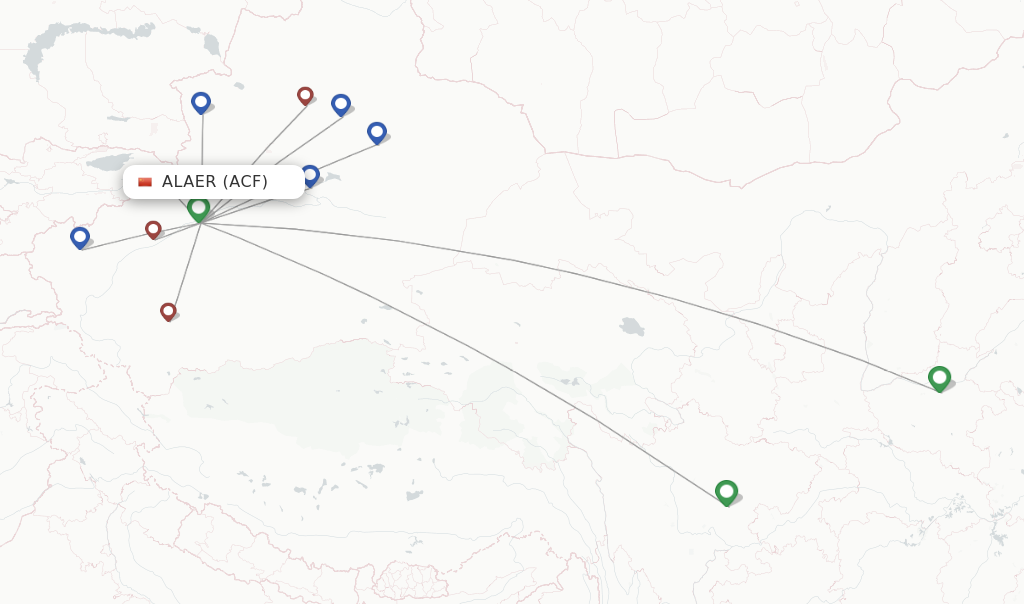 Flights from Alaer to Korla route map