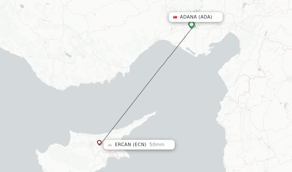 Flights from Adana to Ercan route map