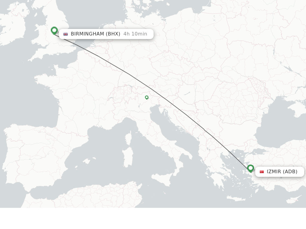 Flights from Izmir to Birmingham route map