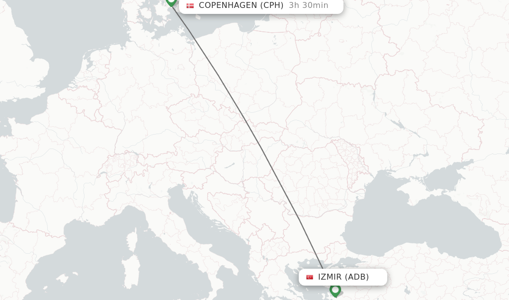 Flights from Izmir to Copenhagen route map