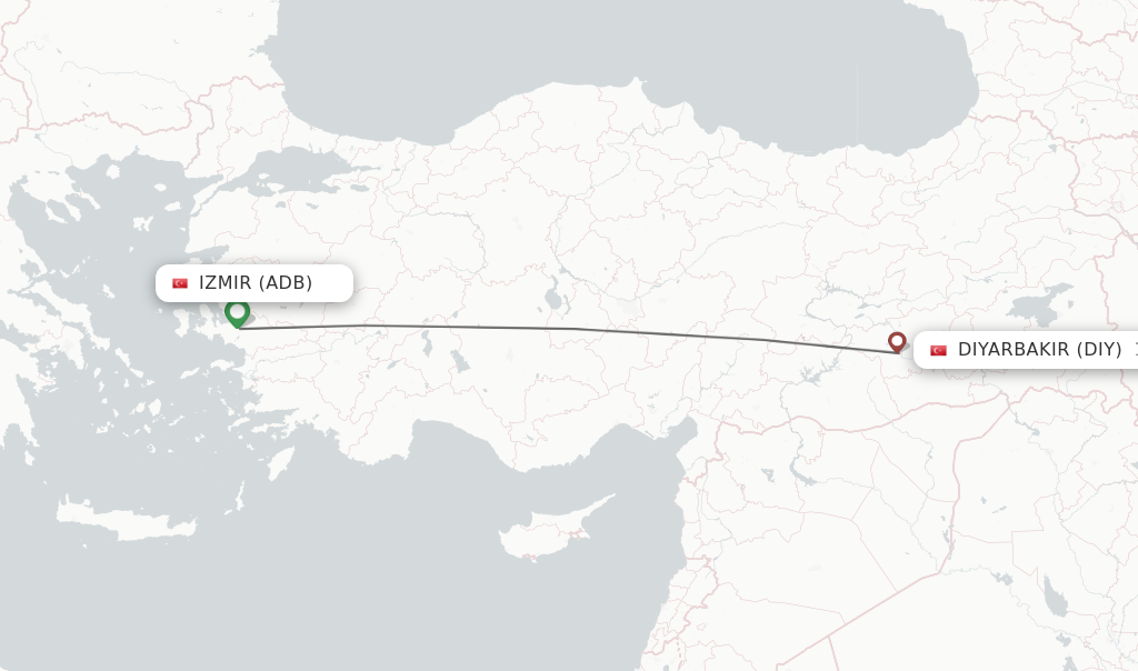 Flights from Izmir to Diyarbakir route map