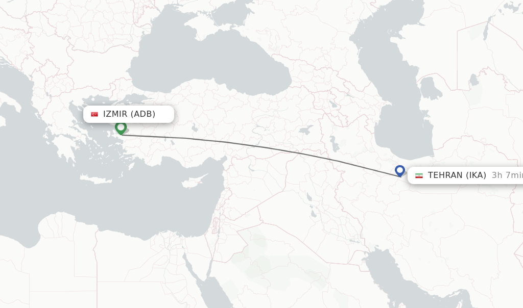 Flights from Izmir to Tehran route map