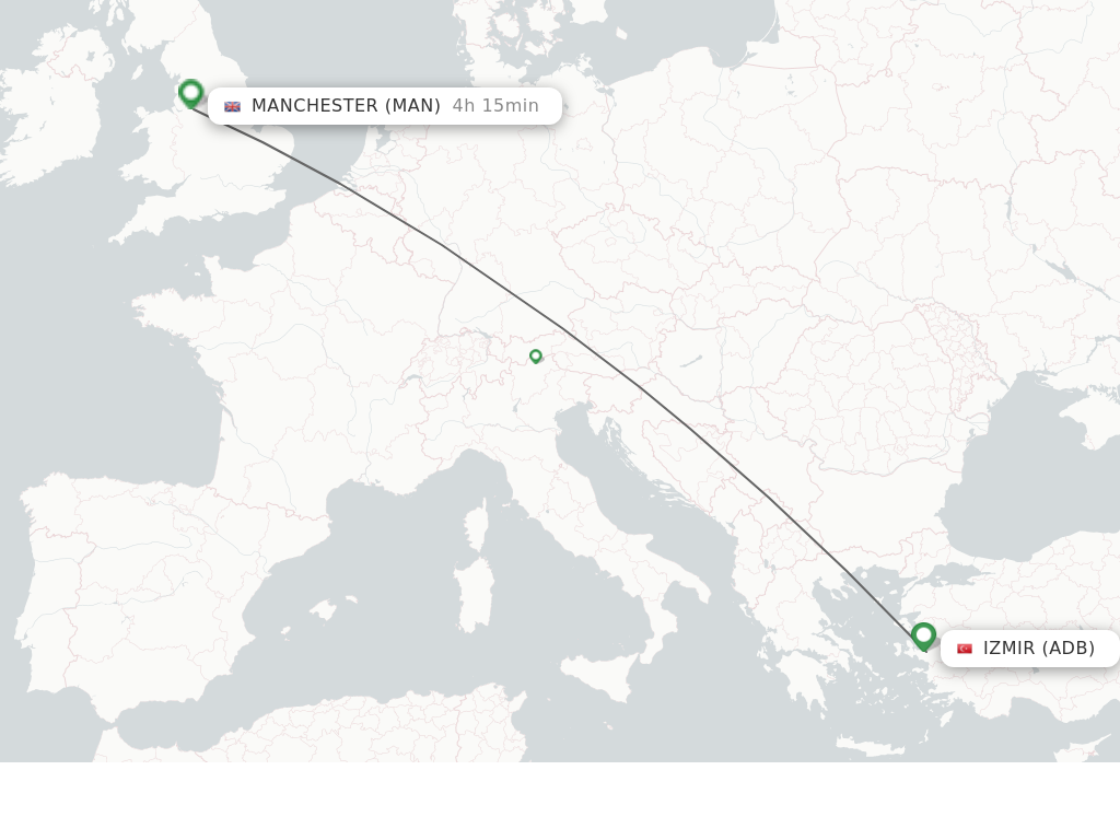 Flights from Izmir to Manchester route map