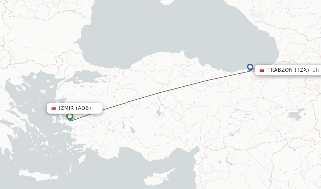 Flights from Izmir to Trabzon route map