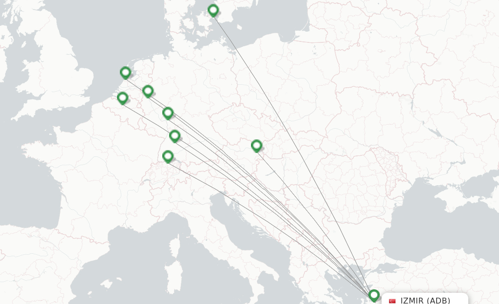 Route map with flights from Izmir with Corendon Airlines