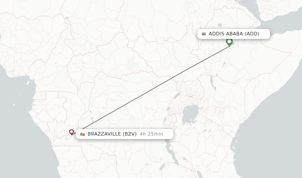 Flights from Brazzaville to Addis Ababa route map