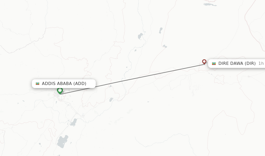 Flights from Addis Ababa to Dire Dawa route map