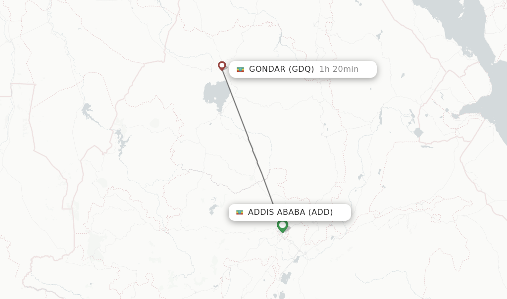 Flights from Addis Ababa to Gondar route map