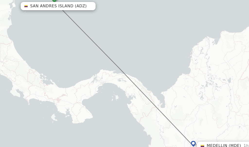 Flights from San Andres Island to Medellin route map