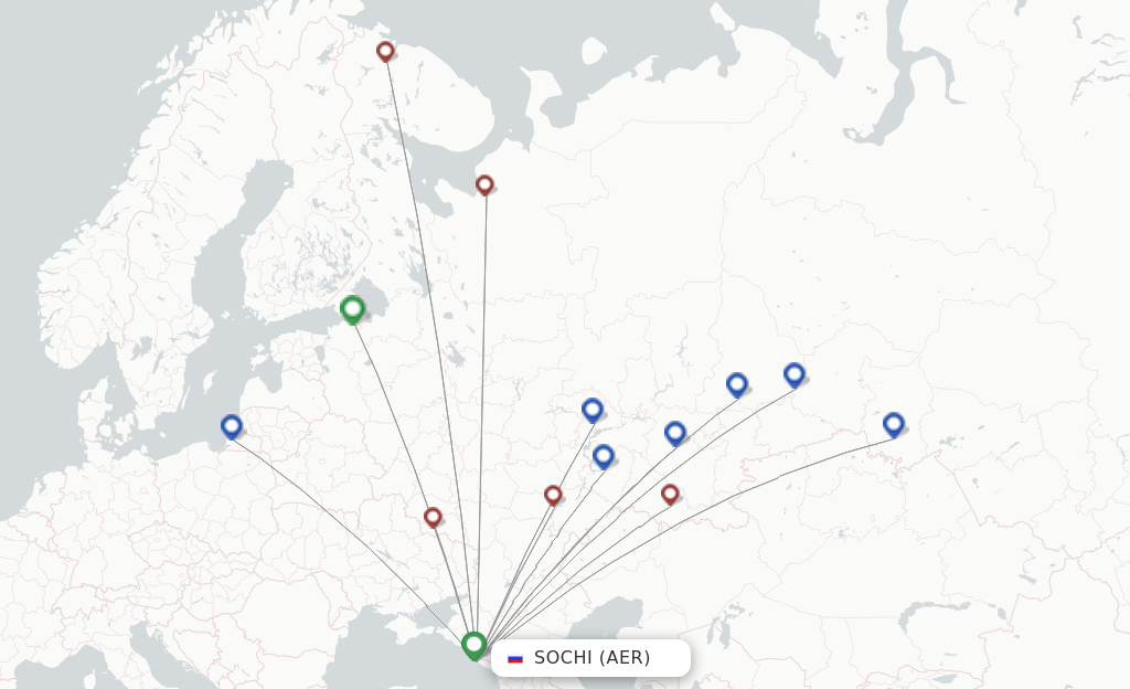 Route map with flights from Adler/Sochi with Smartavia