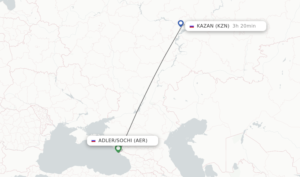 Flights from Adler/Sochi to Kazan route map