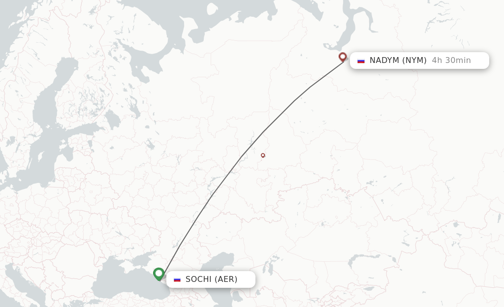 Flights from Adler/Sochi to Nadym route map