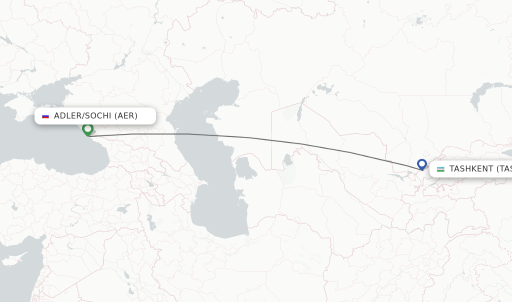 Flights from Adler/Sochi to Tashkent route map