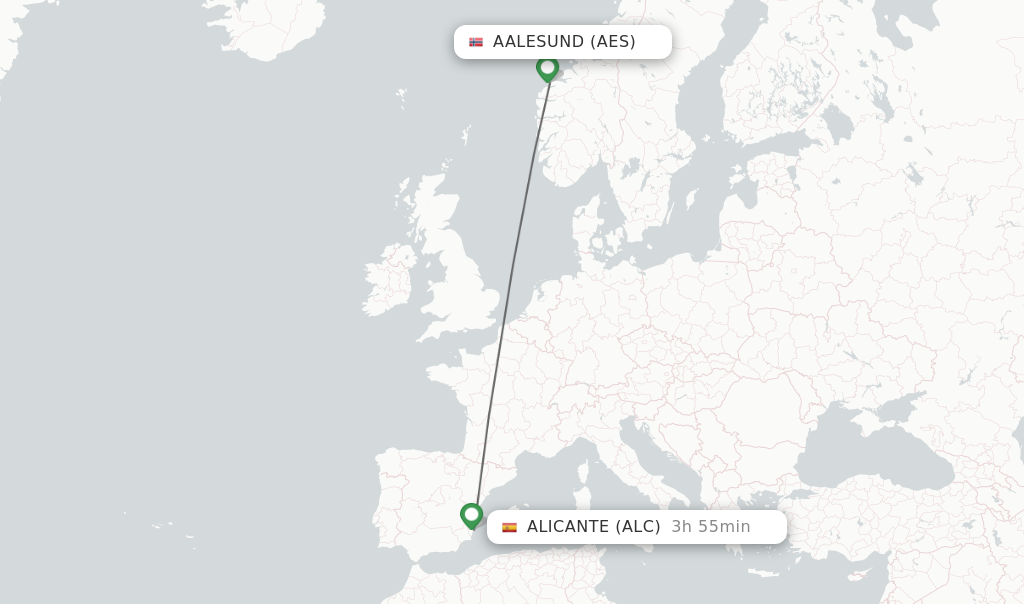 Flights from Aalesund to Alicante route map