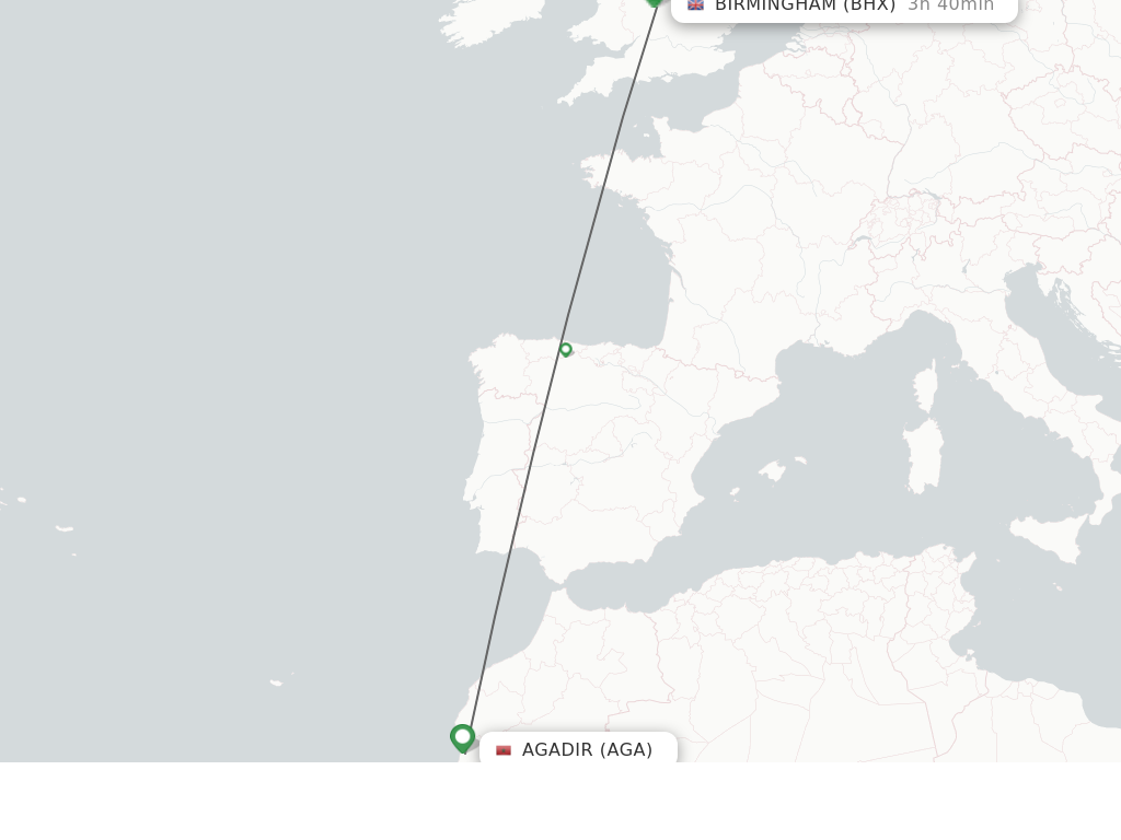 Flights from Agadir to Birmingham route map