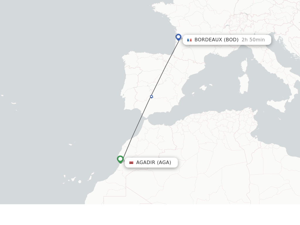Flights from Agadir to Bordeaux route map