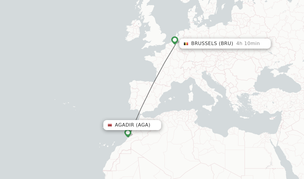 Flights from Agadir to Brussels route map