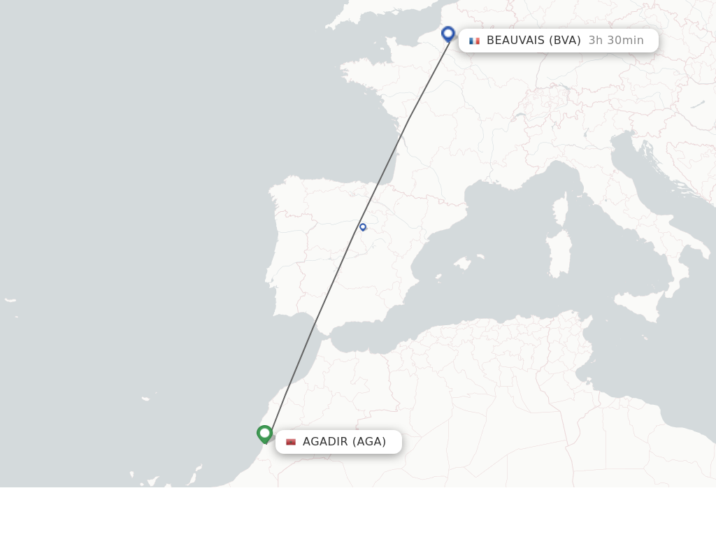 Flights from Agadir to Paris route map