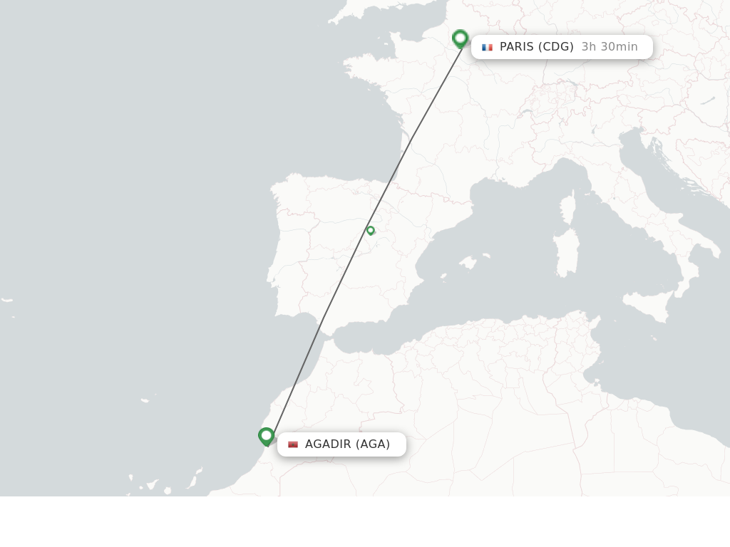 Flights from Agadir to Paris route map