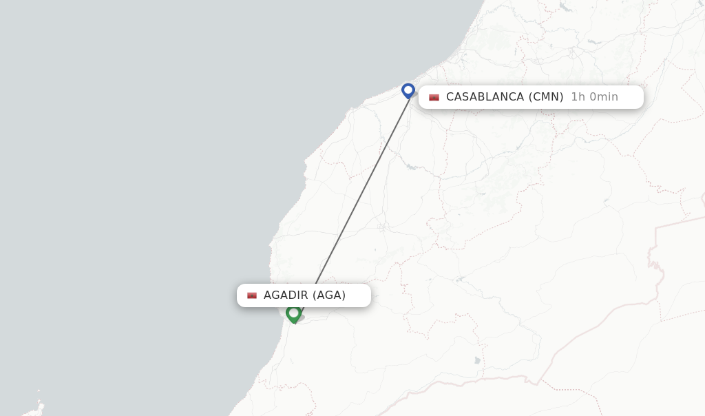 Flights from Agadir to Casablanca route map