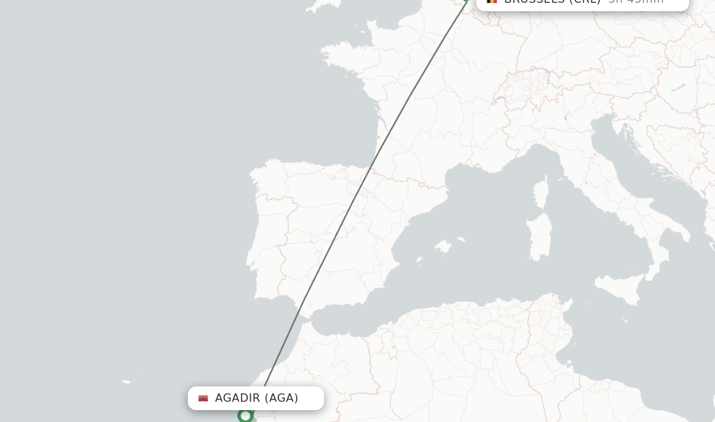Flights from Agadir to Brussels route map