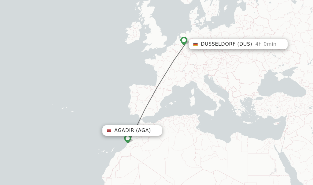 Flights from Agadir to Dusseldorf route map