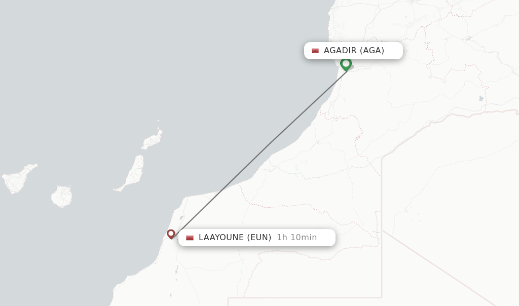 Flights from Agadir to Laayoune route map