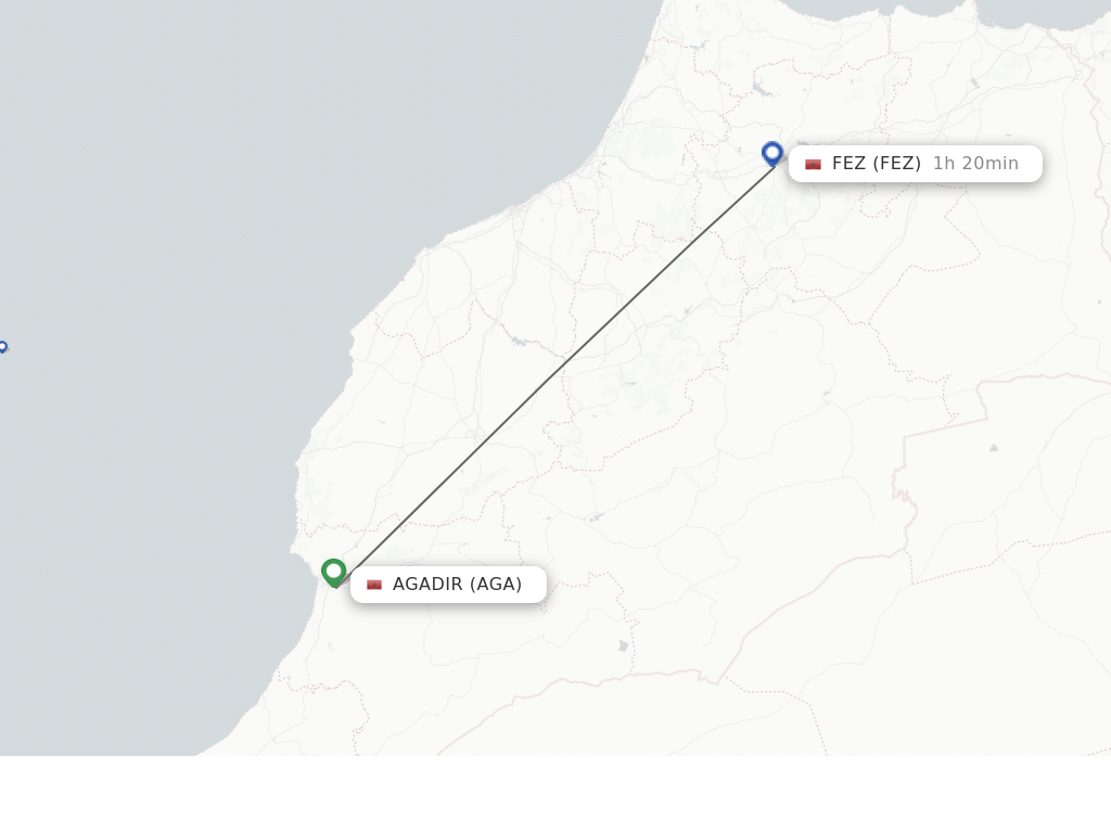 Flights from Agadir to Fes route map