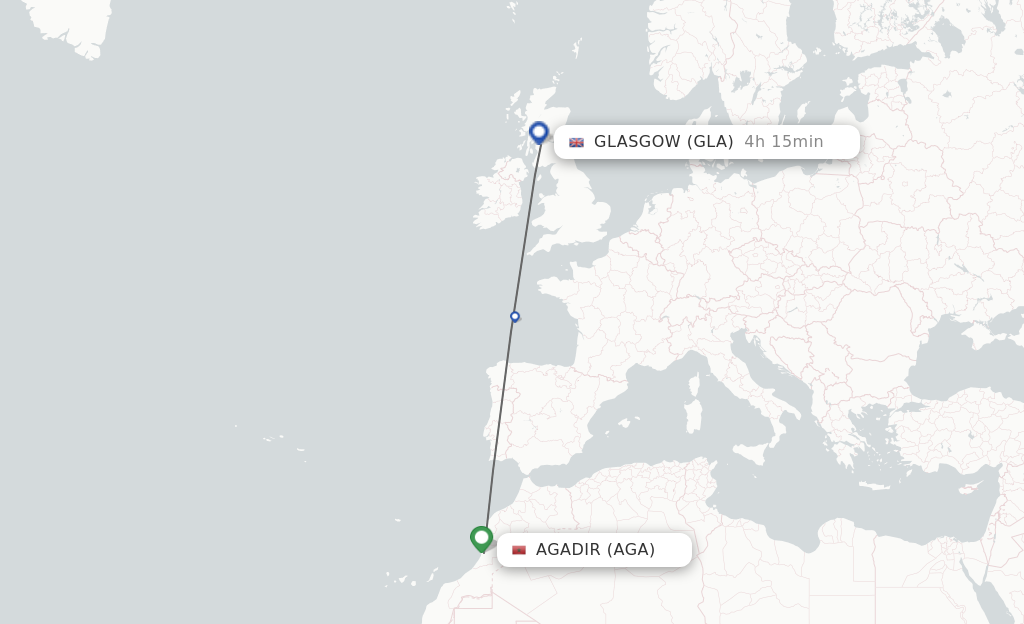 Flights from Agadir to Glasgow route map