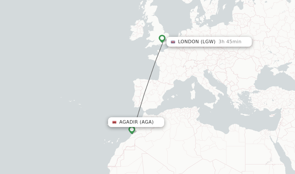 Flights from Agadir to London route map