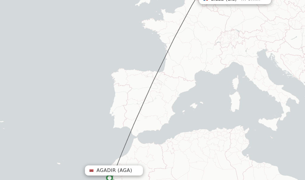 Flights from Agadir to Lille route map