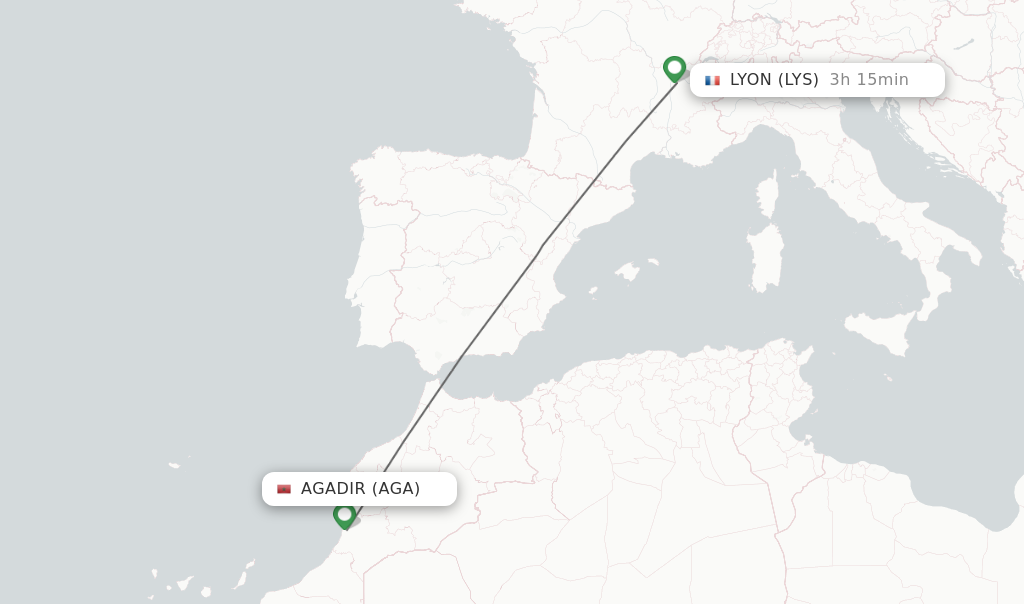 Flights from Agadir to Lyon route map