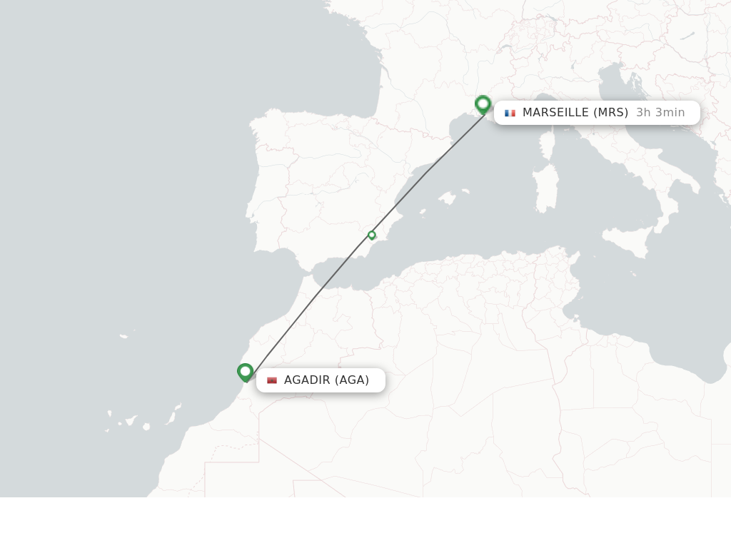Flights from Agadir to Marseille route map