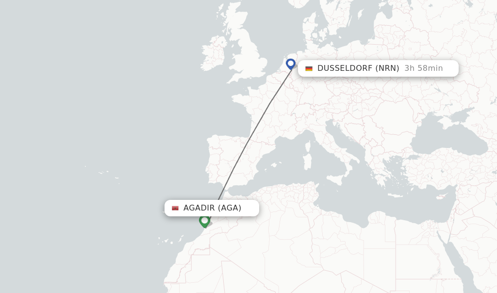 Flights from Agadir to Dusseldorf route map