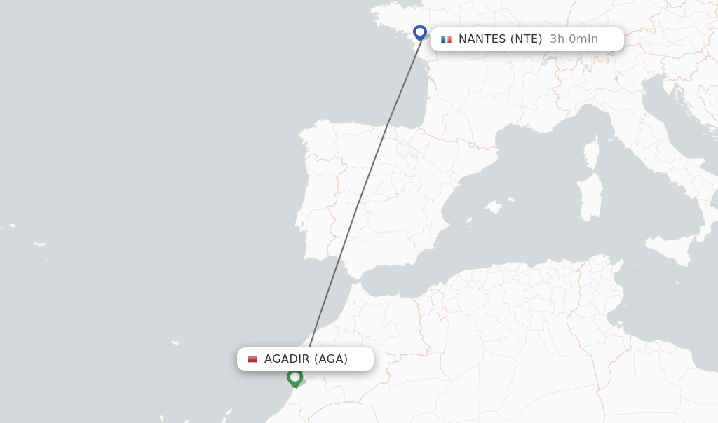 Flights from Agadir to Nantes route map