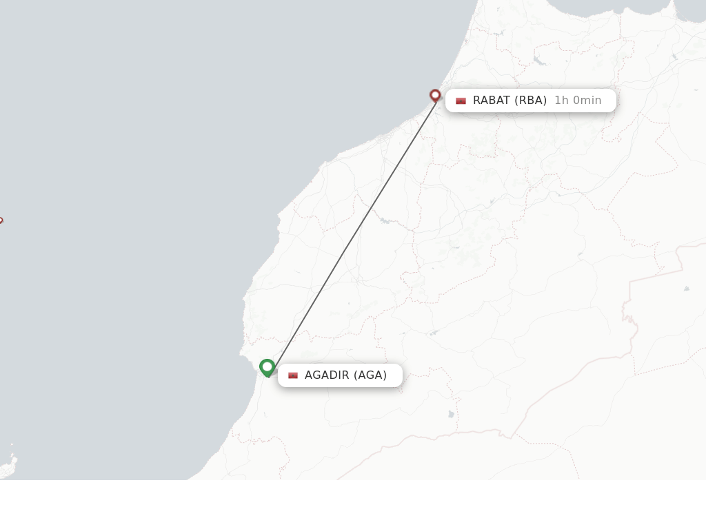 Flights from Agadir to Rabat route map