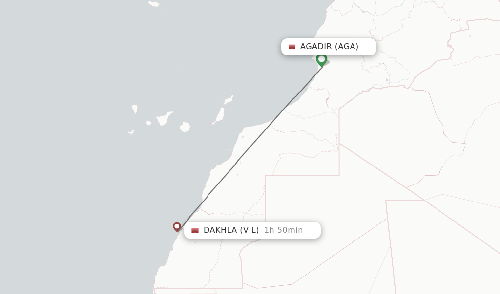 Flights from Agadir to Dakhla route map